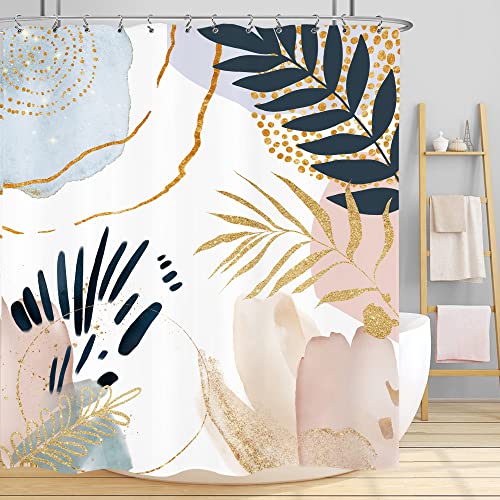 Lightinhome Abstract Mid Century Shower Curtain 60Wx72H Boho Pastel Geometric Golden Leaves Minimalist Aesthetic Modern Art Fabric Waterproof Home Bathroom Decor 12 Pack Plastic Hooks #TOP23