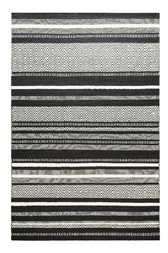 Wecon Home Moderner Green Looop Kelim Kurzflor Woll-Teppich Läufer für Wohnzimmer, Flur, Schlafzimmer, Kinderzimmer - Dijon (80 x 150 cm, Schwarz Beige)