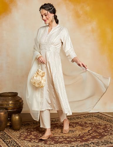 Image of Amazon Brand - Myx Women's Embroidered Anarkali Kurta Set with Organza Dupatta in Chanderi Blend (Available in Plus Sizes)