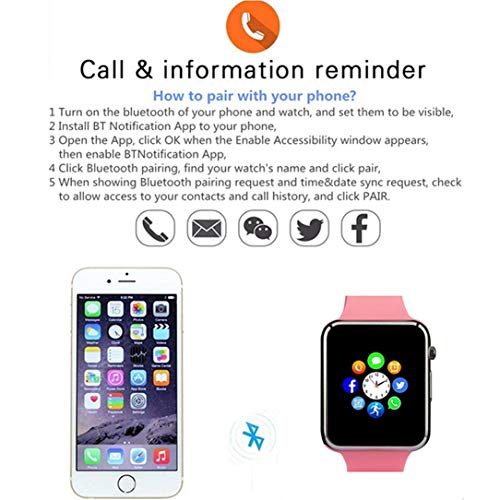 Smart Watch, Bluetooth Smart Watch Phone with SD Card Pedometer Call Text Notification Music Player Camera Compatible for Android Samsung Huawei and iPhone (Partial Functions) for Women Ladies Girls