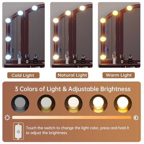 Tiptiper Vanity Desk, Makeup Vanity with Lighted Tri-Folding Mirror & Stool, Vanity Table Set with 10 LED Light Bulbs & 3 Color Lighting Modes, Makeup Table with 5 Storage Drawers, Brown