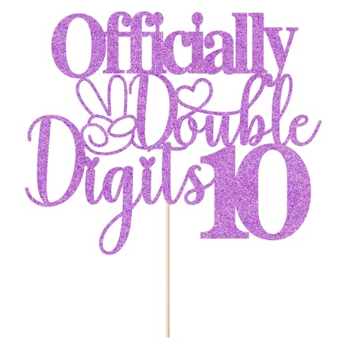 Sleyberoy Double Digits 10 Cake Topper-Officially Double Digits 10/Out Single Digits I'm 10 Cake Topper,boys girls Happy 10th/Ten birthday themes party Selected decor (Officially, purple)