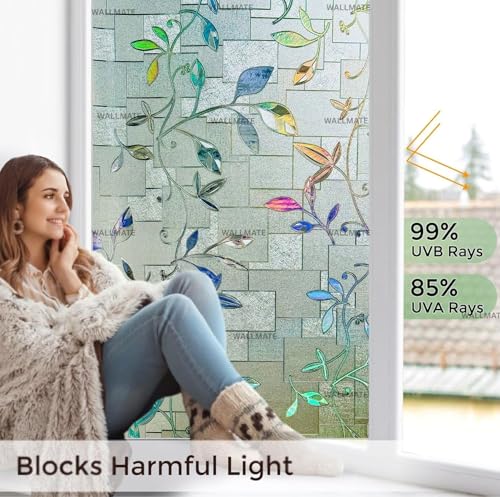 Image of WALLMATE Window Privacy Film Frosted Vinyl Glass Covering, UV Blocking, Non-Adhesive, No-Glue, for Bathroom Living Room Office,(12x66 Inch, Rainbow Leaf)