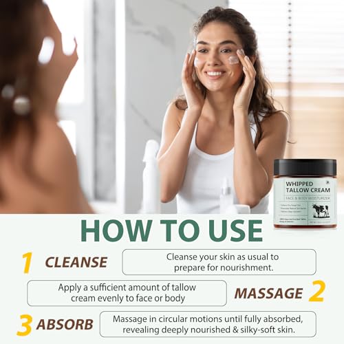 Beef Tallow Creme - Rindertalg Skincare, 100% Gras gefüttert reinen Rindertalg, Natürliche Honig Feuchtigkeitscreme für Gesicht Körper Tiefe Hydratation, Whipped Tallow Balm 120 G