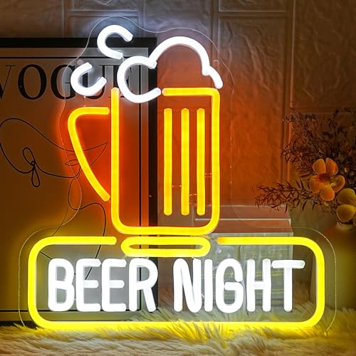 Image of Beer Night Neon Sign for Man Cave Bar Decor Yellow White Beer Neon Light Bar Neon Sign Wall Art for Bedroom Beer Pub Man Cave Restaurant Party Decor
