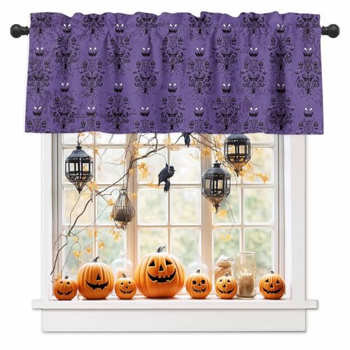 Halloween Curtain Valance for Windows Ghost Grimace Rod Pocket Valance Window Treatments Horror Night Purple Black Holiday Short Curtains for Kitchen Windows Living Room Bedroom Decor 42x12in