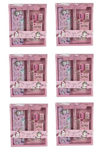Image of Pack of 6 sets- Unicorn Themed Stationery Set for Kids party I Kit with Pencil box, Pencils, Eraser, Ruler, Sharpener & caryons - Birthday Return Gifts in bulk for Girls 3-10 Years.