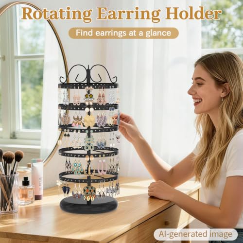 Image of MODOWEY Rotating Earring Holder Organizer Stand, 5 Tier Metal Tree Display for Women Vendors, 220 Holes Adjustable Jewelry rack for Stud Hoop Dangle Storage, Trendy Carousel Keeps Dresser Neat, Black