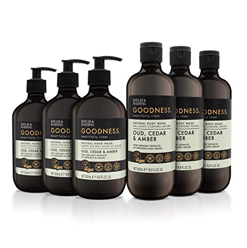 Image of Baylis & Harding Goodness Oud, Cedar & Amber Toiletries Bundle: 3 x 500 ml Hand Wash & 3 x 500 ml Body Wash (6 bottles) - Vegan Friendly