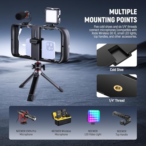 NEEWER Klatka na telefon komórkowy Video Rig kompatybilna z iPhone Samsung Galaxy Android, uchwyt na telefon komórkowy stabilizator Cage z Cold Shoe i gwintem 1/4 cala do nagrywania wideo i filmów