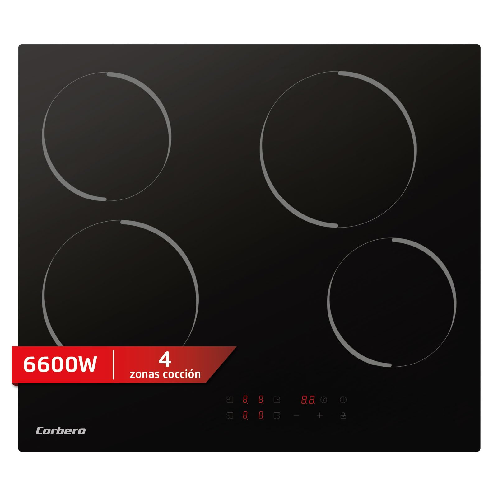 Corberó - Placa Vitrocerámica | CCVM4606 | 60cm | 4 Zonas | 6600W | Control Táctil | Temporizador 99 Min | 9 Niveles Potencia | Bloqueo Seguridad | Diseño Ultrafino | Negro
