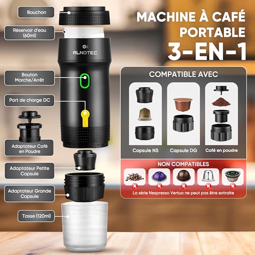 Expresso Machine à Café Portable Electrique Auto Chauffante, 20BAR - 3 EN 1 Compatible Capsules NES, DG et Café Moulu - Chargeurs 220V, USB et Voiture - Rechargeable. (NOIR) – Image 3