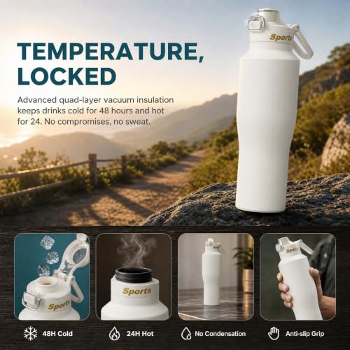 Botella Deportiva Aislada 32oz con Tapa 2 en 1, Termo de Acero Inoxidable de Doble Pared y Vacío, Conserva Bebidas Frías 48h, Taza Antigoteo con Asa, Compatible con Porta Vasos de Auto, Blanco miniatura 4
