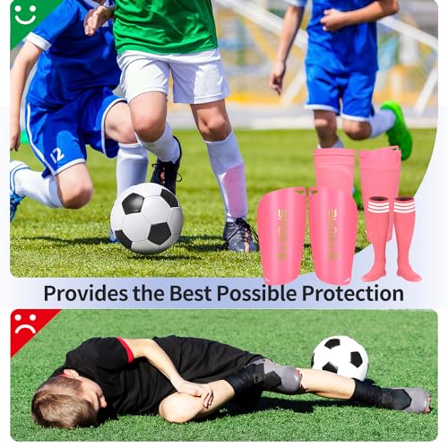 Soccer Shin Guards Youth and Kids, Shin Pads Set with Shin Sleeves and Long Soccer Socks for Age 3, 4-6, 6-8, 8-10, 10-12 and Above 12 Boys Girls for Soccer Games (Pink, M)