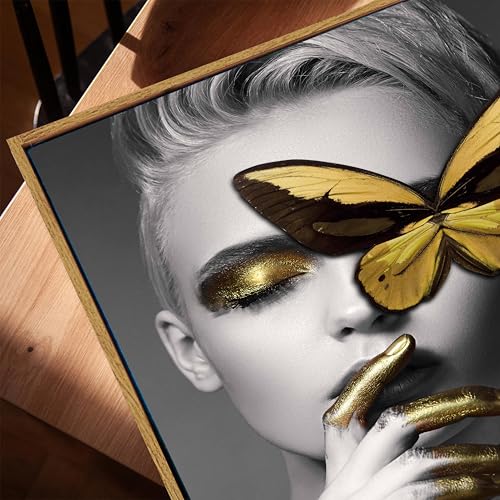 Image of Modern Abstract Portrait Framed Canvas Painting For Living Room | Butterfly Pop Wall Art For Livingroom Wall Decor, Home Decor, Bedroom, Hallway's, Office, Hotel - 43x58 cm