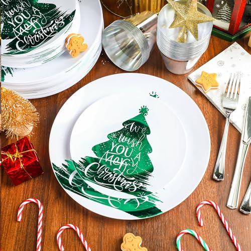 Lemosae 175 Pcs Christmas Plastic Plates Set Green Plastic Dinnerware with We Wish You Merry Christmas Design Christmas Tree Plastic Plates Silverware Napkins for Christmas Party, Serves 25 Guests