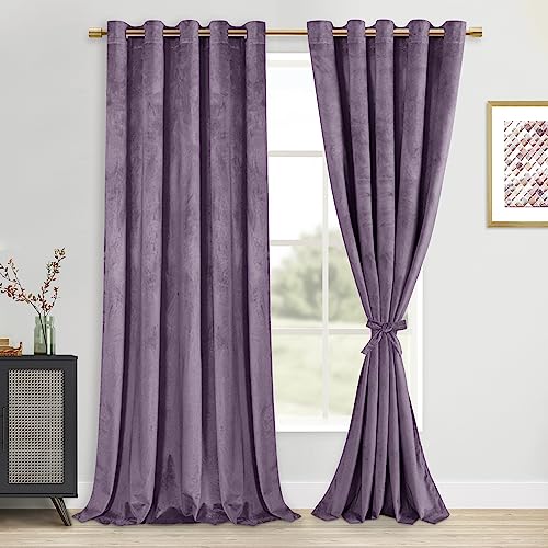 DWCN Velvet Curtains Extra Wide - Elegant Super Soft Tieable Window Panels Blackout Grommet Design Thick Fabric Window Dressing for Nursery/Theater/Den/Dorm/Dining, Lavender, W60 x L96, 2 Panels