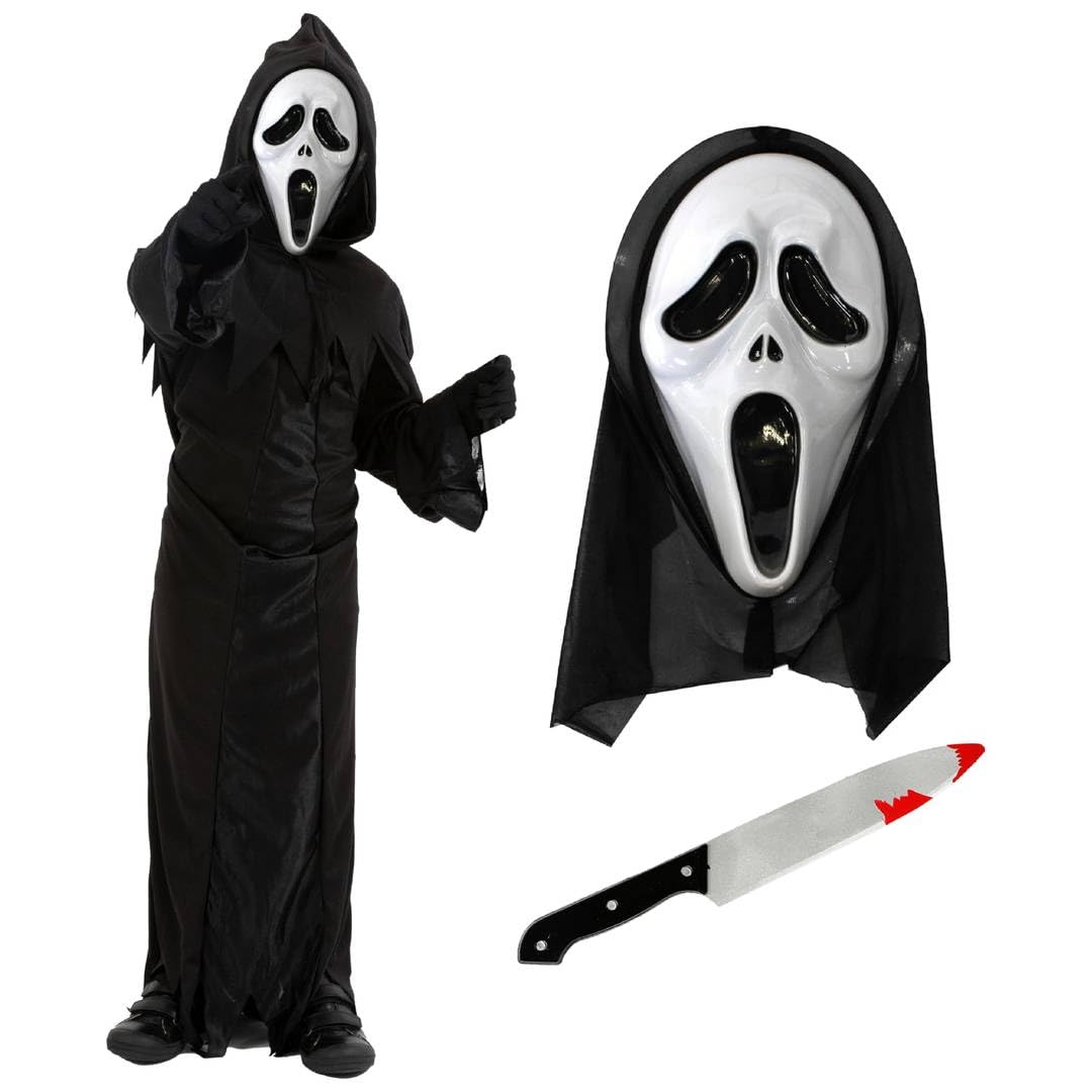 LOVETRENDS Kids Screamer Costume - Black Robe, Screamer Mask & Fake Knife - Childs Halloween Fancy Dress Costume