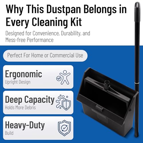 Image of Carlisle FoodService Products Standing Dustpan - Dust Pan with Handle, Serrated Edge, Pivoting Pan Design, for Home, Kitchen, Lobby, or Office, 30 Inch Plastic, Black