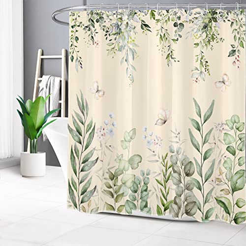 LB Sage Green Eucalyptus Leaves Shower Curtain Watercolor Leaf Butterfly Beige Bathroom Shower Curtain Nature Plant Bathroom Decor with Hooks 72x72 Inch Waterproof Polyester Bath Curtain by LB - Used condition - Image 2