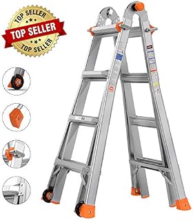 TACKLIFE Multi-Use Ladder, 17 Feet Aluminum Telescoping Ladder with 2 Flexible Wheels, Safe