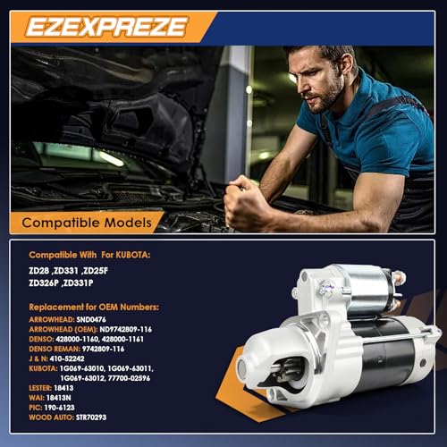 Image of Ezexpreze 18413 New Starter Motor for Kubota ZD326 ZD331 ZD25 ZD28 D1105 Zero Turn Mower 25HP Diesel Engine OE# 1G069-63010 1G069-63011 1G069-63012 77700-02596 428000-1160 SND0476