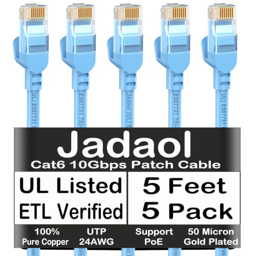 Image of Jadaol [UL Listed Cat6 Ethernet Cable 5FT 5-Pack 10Gbps 24AWG, Blue | 1FT 3FT 10FT 15FT 20FT 25FT 30FT 35FT 50FT 60FT 75FT 100FT 150FT 200FT RJ45 LAN Patch Cable for Router, Modem, Switch, Gaming