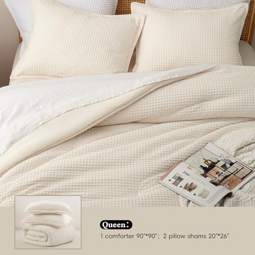 Image of David's Home Textured Summer Waffle Weave Comforter Set Queen Cannoli Cream | Cozy Soft Lightweight Breathable Fluffy Durable Hotel Bedding with Pillow Shams for All Season, Luxury Home Decor, Giftable