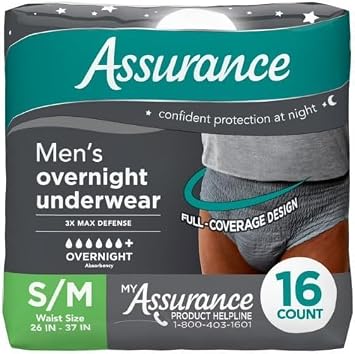 Assurance Mens Overnight Incontinence Underwear, S/M, Ultimate Absorbency,16 Count Pack of 1