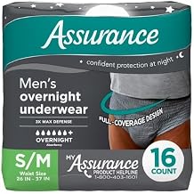 Assurance Men's Overnight Incontinence Underwear, S/M, Ultimate Absorbency,16 Count Pack of 1
