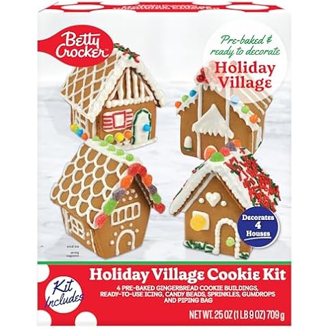 Crafty Cooking Kits Betty Crocker Holiday Village Cookie Kit, Includes 4 Pre-baked Gingerbread Cookie Buildings, Icing, Candy Beads, and Sprinkles Cover