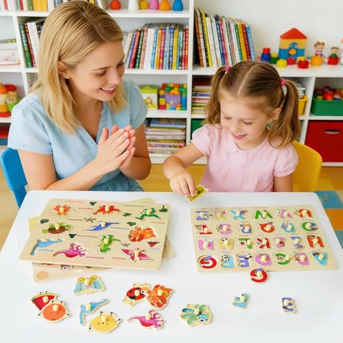 MerryPony Wooden Peg Puzzle for Toddlers, 6 Pack Toddler Puzzles Set for 3 4 5 Years Old, Alphabet Shape Numbers Fruits Dinosaur Insects, Preschool Education Learning Puzzle Toys for Boys and Girls - Image 7
