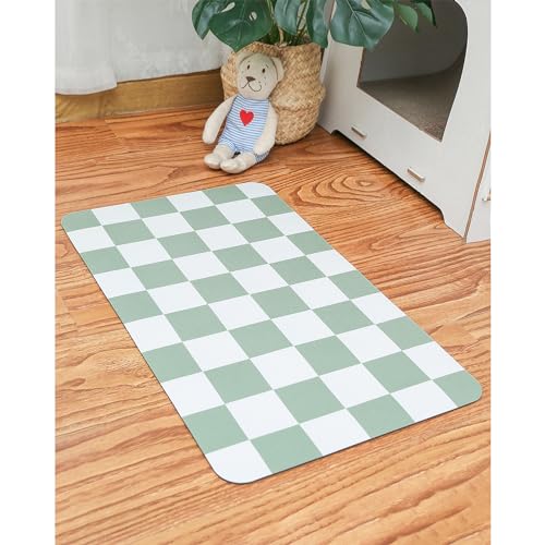 Ralxion Checkered Dog Feeding Mat, Absorbent Mats for Dog Food and Water Bowl, Dispenser, Retro Modern Aesthetic Sage Green Checkerboard Pet Placemat for Dogs, Cats, Puppy Accessories, 12\" X19”