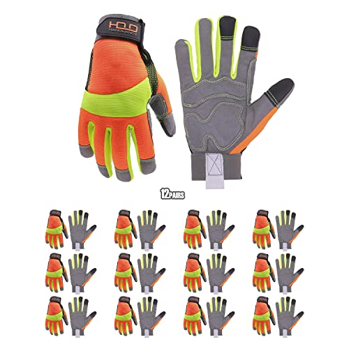 HANDLANDY Hi-vis Reflective Work Gloves, Anti Vibration Safety Gloves, Touch Screen, Orange Flexible Spandex Back
