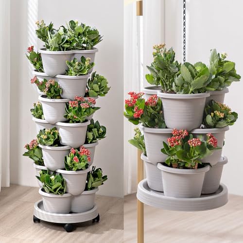 Birheatry Vertical Strawberry Planter 3 Tier Hanging Vertical Gardening Stackable Planter, Hanging Strawberry Planter Pot for Strawberries, Flowers, Herbs, Vegetables with Removable Wheels and Hooks - Thumbnail 7
