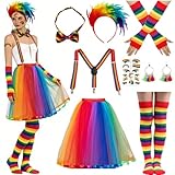 Shengou Falda de Tul Arcoiris Mujer Conjunto de Disfraz de Carnaval,Señoras Falda Tul Arco Iris Halloween Tutu Mujer Con diadema de plumas,tirantes de colores, calcetines hasta la rodilla y guantes