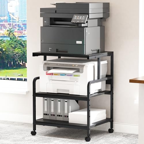 Arbuxzuy Large Printer Stand with Storage Shelf, 23.6" W x 18.9" D Printer Cart with Wheels, 3 Tier Mobile Printer Table for Home Office,Stands for Heat Press Scanner Fax (Black)