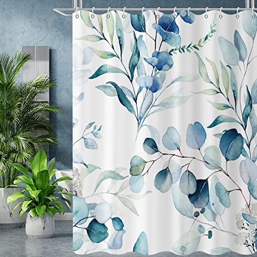GCIREC Blue Eucalyptus Leaf Shower Curtain, Blue Botanical Watercolor Plants Bathroom Curtain Bathtub Home Decor Waterproof Fabric Machine Washable with 12 PCS Hooks,72' Wx72 L