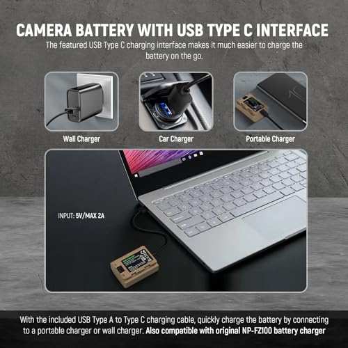 NEEWER NP-FZ100 2400mAh Battery for Sony A7R V A7S III A7 IV, USB-C Charging Cable, Compatible with Sony ZV-E1, FX3, FX30, A1, A9,A9 II, A6600, A7C - Thumbnail 6