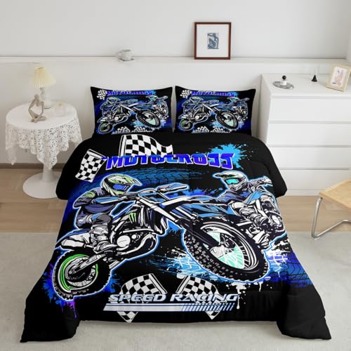 Feelyou Kids Blue Dirt Bike Bedding Set Twin Size, Extreme Sports Comforter Set Boys Girls Racing Motocross Comforter Motorcycle Teens Duvet Set Bedroom Decor with 1 Pillow Case