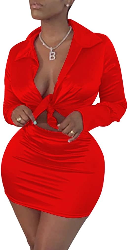 LuFeng Womens Satin Sexy Self Tie Front Long Sleeve 2 Piece Outfits Crop Top and Mini Bodycon Skirt Set - Image 2