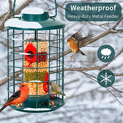 Caged Bird Feeder for Wild Birds Outside, Large Bird Feeder Squirrel Proof Heavy-Duty Metal Hanging Wide Tube Bird Feeder, 7 Feeding Ports (Green)