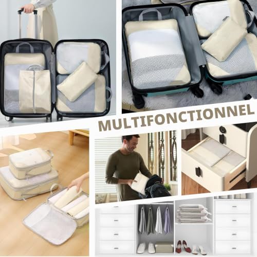 POWZOO 8 Pièces Organisateur de Voyage,Packing Cubes Beige – vue 7