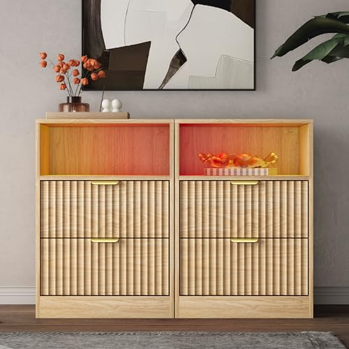 LED Nightstand with Charging Station, Fluted Nightstand Set of 2, Wood Nightstands with 2 Drawers & Metal Handles, Modern Bedside Table & End Tables, Farmhouse Night Stands for Bedroom, Natural