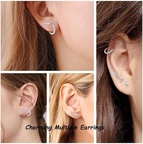 Silver Stud Earrings Hoop Earring Set for Women 925 Sterling Silver Post Small Piercings Earrings Cubic Zirconia Earrings CZ Huggie Sleeper Hoops Cartilage Earrings Jewellery Gift for Girls