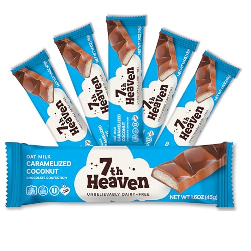 7th Heaven, Vegan Oat Milk Chocolate Snack Bars: Caramelized Coconut - (1.6 oz - 6 Pack), Healthy Chocolate, Perfect Valentines Gift For Your Loved Ones, 100% Dairy Free, Non GMO, Kosher Parve, Cruelty Free, Fair Trade Cocoa