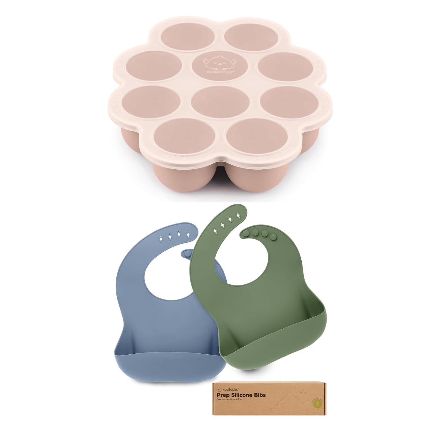KeaBabies Silicone Baby Food Freezer Tray with Clip-on Lid and 2-Pack Baby Silicone Bibs - Baby Food Silicone Freezer Molds - Waterproof, Easy Wipe Silicone Bib for Babies, Toddlers