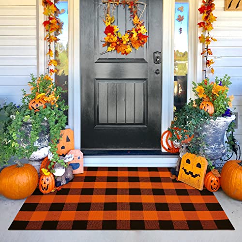 KILOCOCO Halloween Doormat 3'x5' Buffalo Plaid Rug Outdoor Rugs for Thanksgiving Washable Fall Doormat Layered Front Door Mat for Porch/Farmhouse/Entryway/Patio Orange Rug Christmas Decor