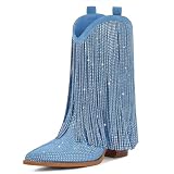 HICLOTSA Cowboy Boots for Women - Cowgirl Western Rhinestone Sparkly Fringe Chunky Heel Pointed Toe Ankle Boots