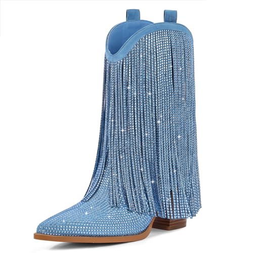 Image of Cowboy Boots for Women - Cowgirl Western Rhinestone Sparkly Fringe Chunky Heel Pointed Toe Mid Calf Boots